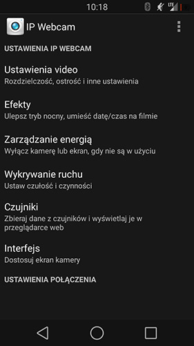 IP Webcam - główne menu