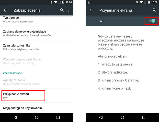 Aktywacja przypinania ekranu w Androidzie