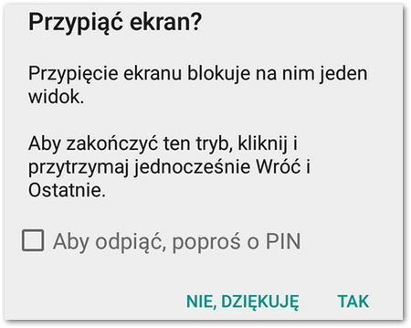 Potwierdzenie przypięcia ekranu aplikacji w Androidzie