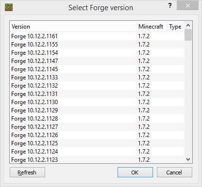 Forge - wybór wersji do zainstalowania