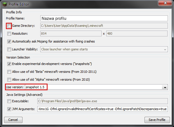 Edycja profilu w Minecraft Launcher