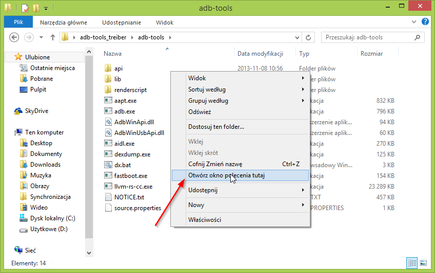Otwieranie wiersza polecenia w katalogu adb-tools