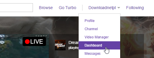 Przejście do swojego dashboardu w Twitchu