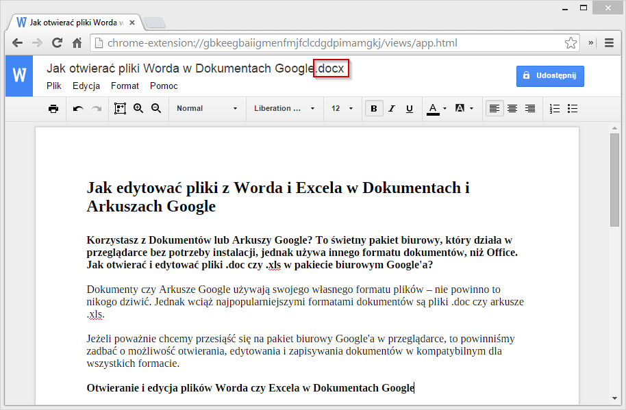Otwieranie dokumentów .doc w Dokumentach Google
