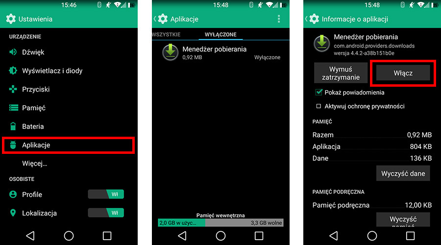 Menedżer pobierania - włączanie aplikacji