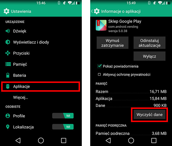 Czyszczenie danych aplikacji Sklep Play