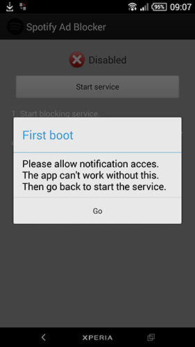 Pierwsze uruchomienie Spotify Ad Blockera