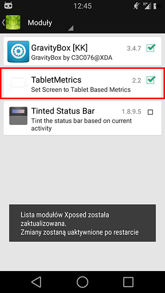 Tablet Metrics - aktywacja modułu Xposed