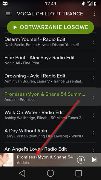 Spotify Free - wybór piosenki w Androidzie