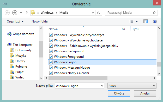 Wybór pliku .wav jako dźwięk startowy Windows 8 / 8.1