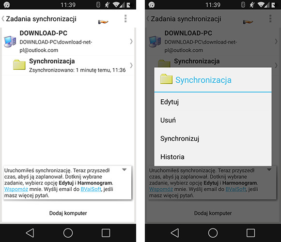 Ręczne wywoływanie synchronizacji w SyncMe Wireless