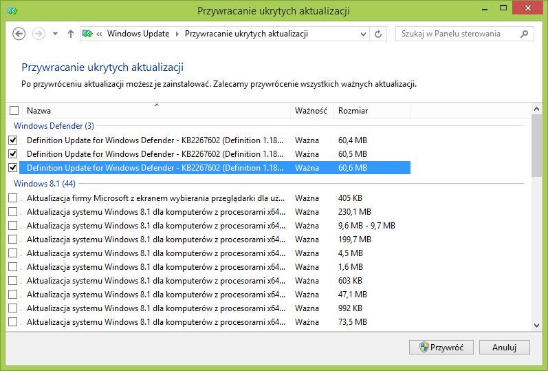 Przywracanie ukrytych aktualizacji w Windows Update
