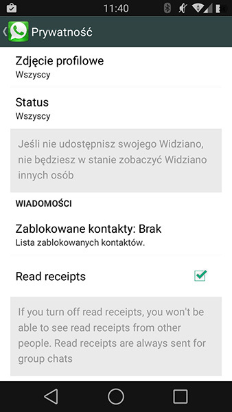Opcje prywatności - wyłączanie komunikatów o przeczytaniu wiadomości