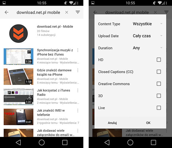 YouTube z interfejsem Material Design - opcje filtrowania