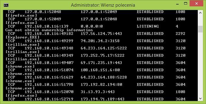 Lista programów łączących się z Internetem w Wierszu polecenia