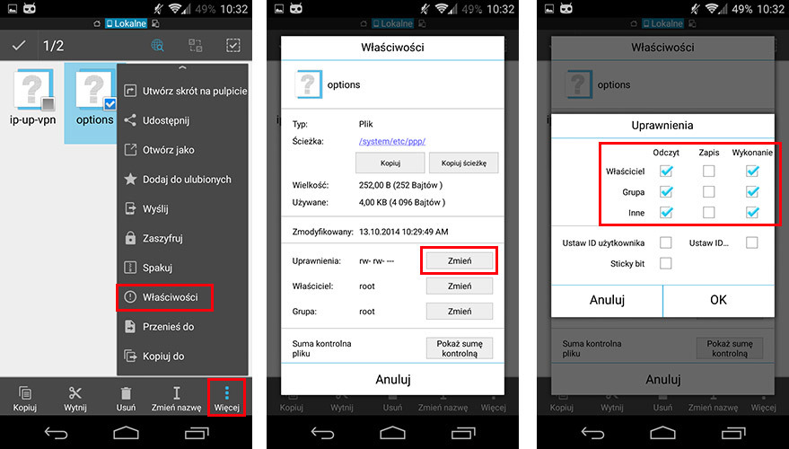 Ustawienia uprawnień pliku Options w Androidzie
