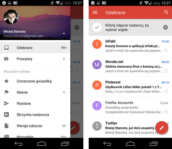 Gmail z interfejsem Material Design