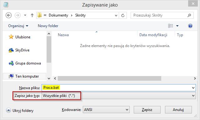 Zapisywanie skrótu w formacie .bat w Notatniku