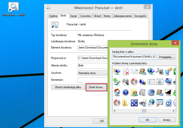 Właściwości skrótu - zmiana ikony