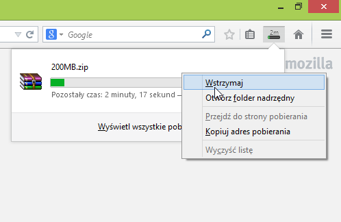 Firefox - wstrzymaj pobieranie