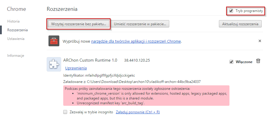 Dodawanie rozszerzenia Archon Custom Runtime do Chrome 37+