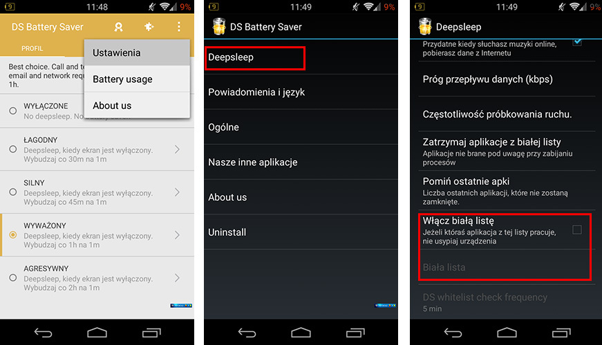 Ustawienia Deep Sleep Battery Saver
