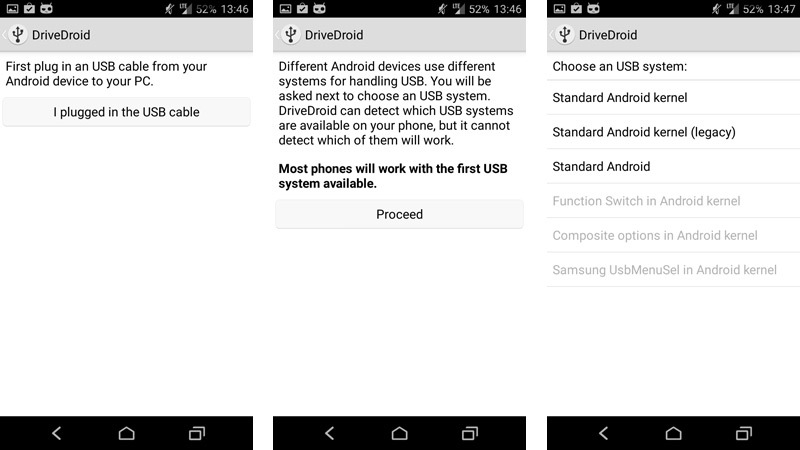 DriveDroid - podłączenie kabla USB i wybór systemu USB