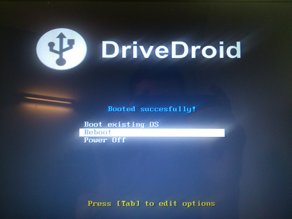 Ekran bootowania DriveDroid na ekranie komputera