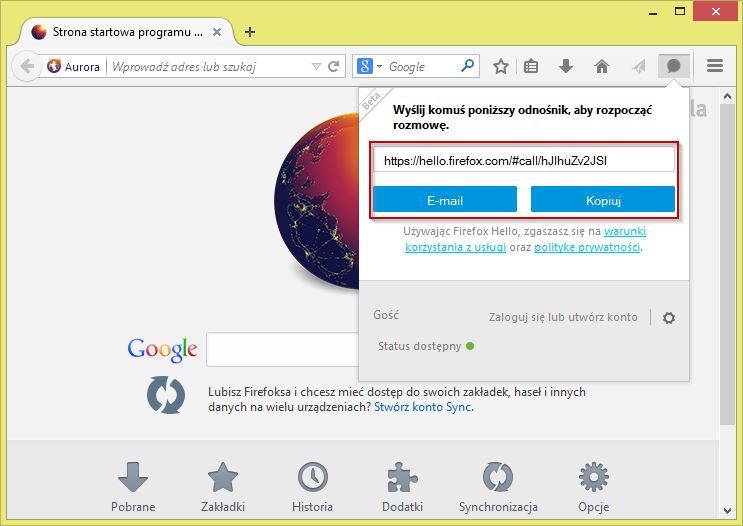 Panel z linkiem do rozmowy w Firefox Hello