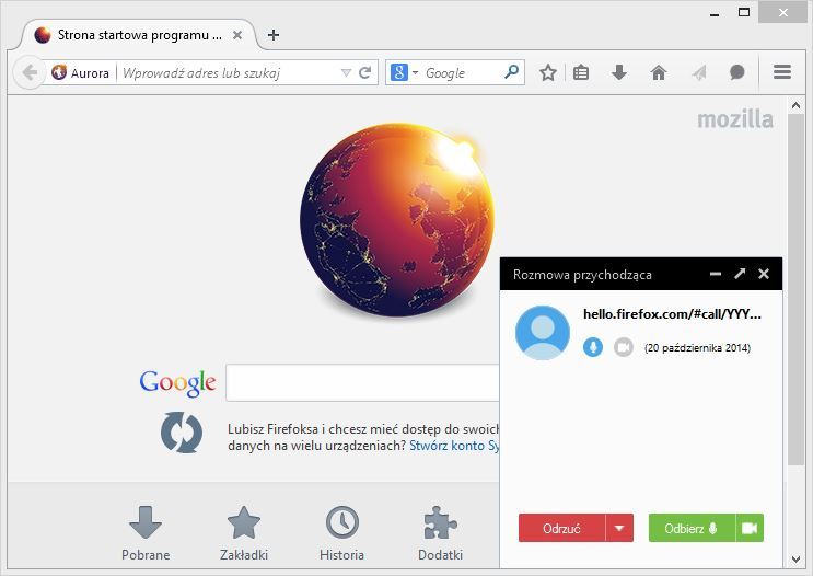 Odbieranie rozmowy w Firefox Hello