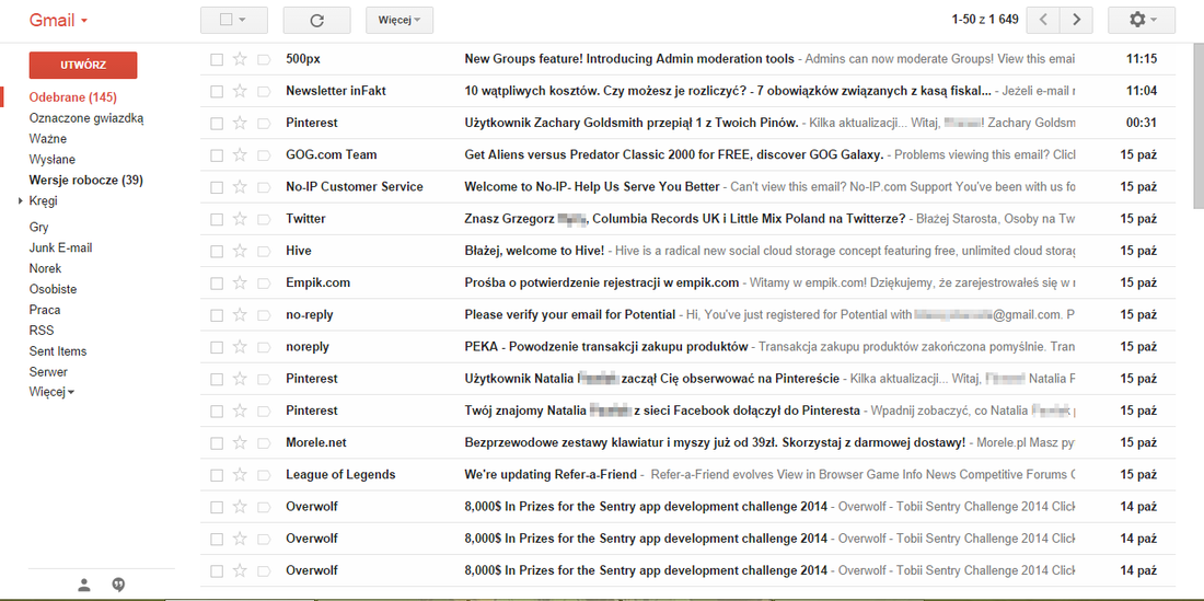 Domyślna lista wiadomości w Gmailu