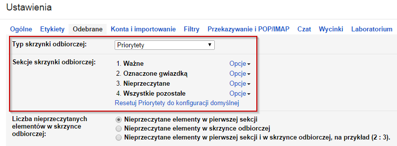 Gmail - zmiana typu skrzynki odbiorczej