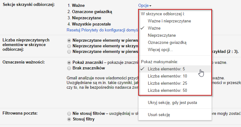 Gmail - ustawianie sekcji skrzynki odbiorczej