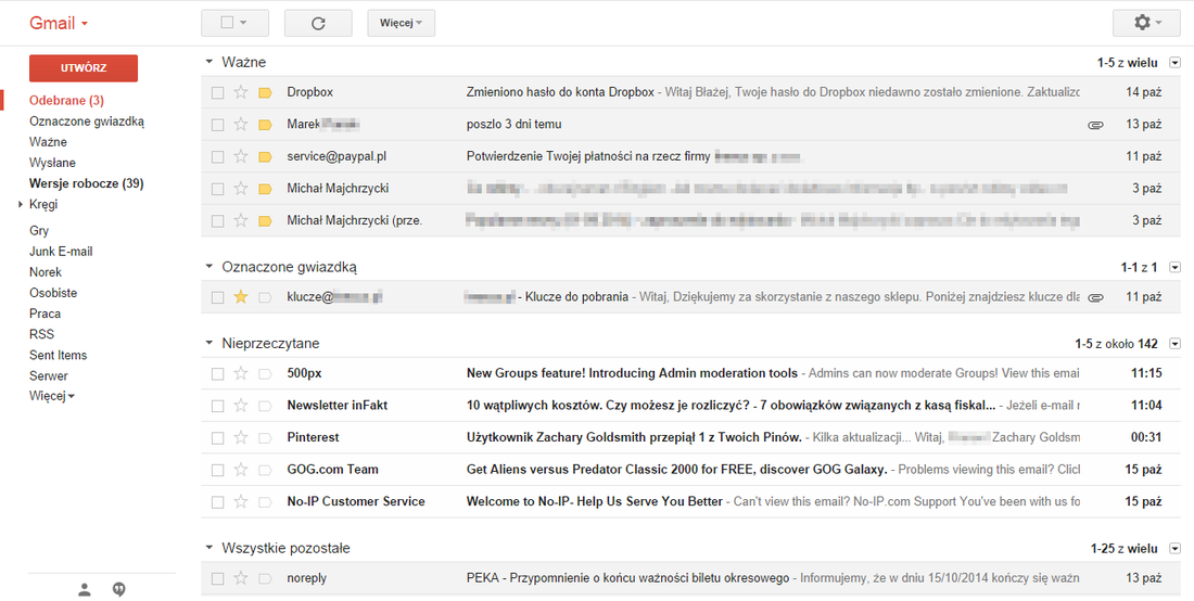 Gmail - wiadomości podzielone na sekcje