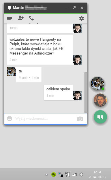 Dymek z rozmową w Hangoutach na Pulpicie