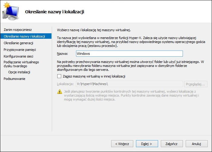 Wybór nazwy i lokalizacji maszyny wirtualnej