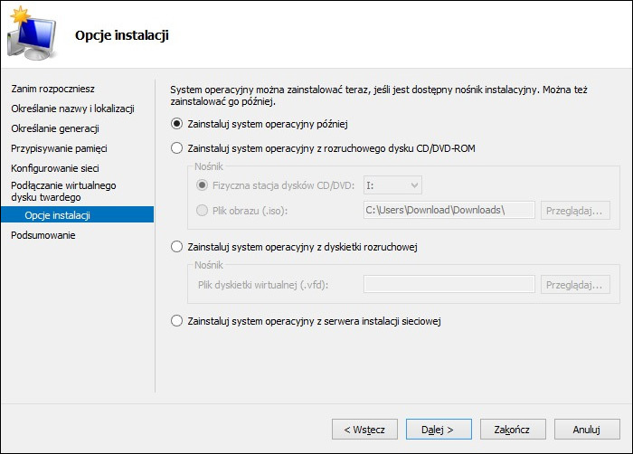 Opcje instalacji systemu na wirtualnej maszynie