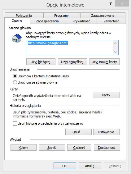 Włączenie przywracania sesji w Internet Explorer