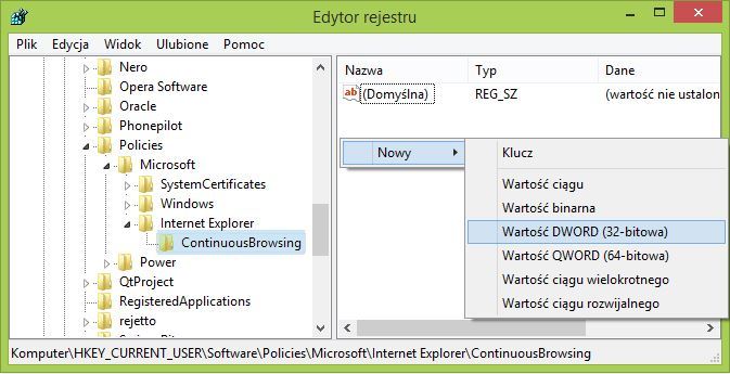 Tworzenie nowej wartości DWORD w kluczu ContinuousBrowsing