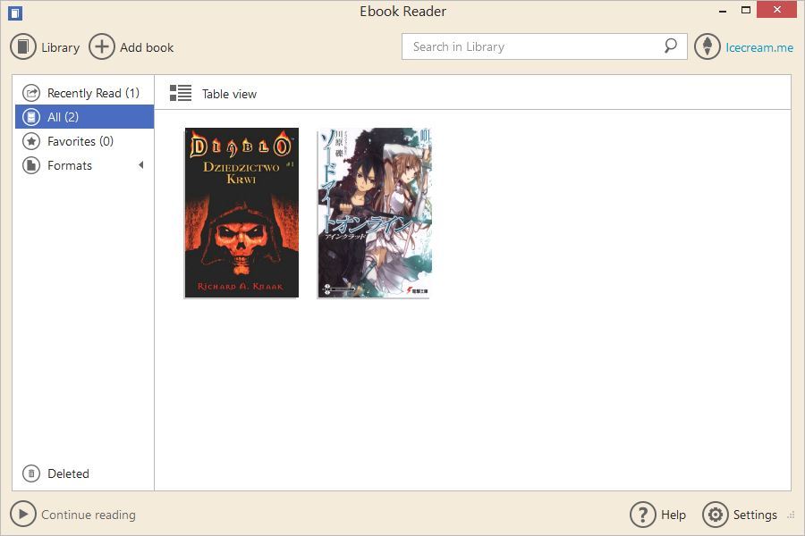 Ekran kolekcji książek w Icecream eBook Reader