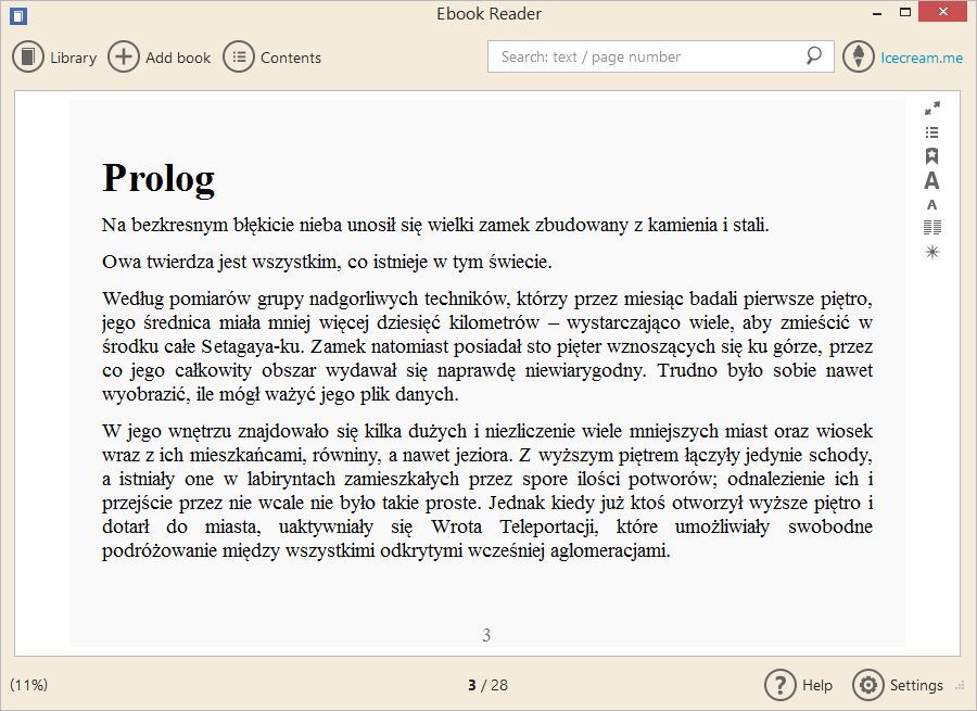 Widok jednokolumnowy w Icecream eBook Reader