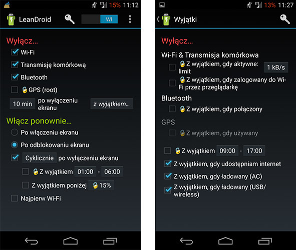 LeanDroid - dostępne opcje
