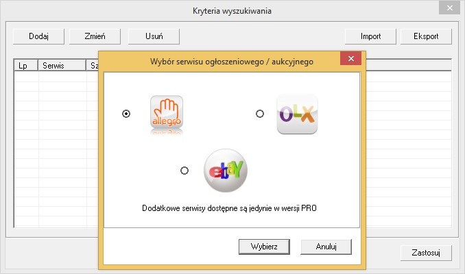 Okno kryteriów wyszukiwania w Monitorze Aukcji