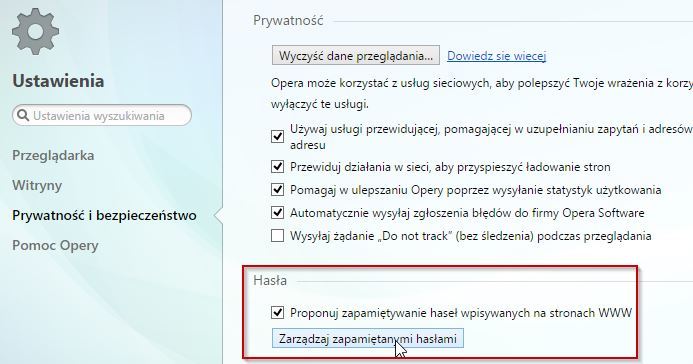 Zarządzanie zapamiętanymi hasłami w Operze