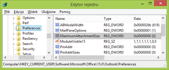 Edytor rejestru - wpis MaximumAttachmentSize