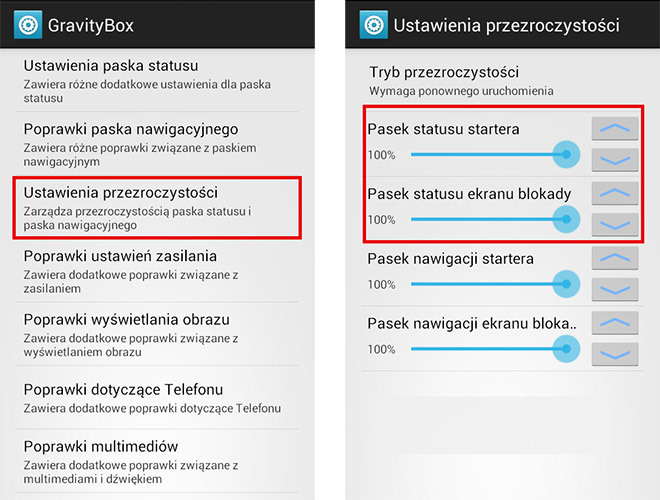 GravityBox - ustawienia przeźroczystości