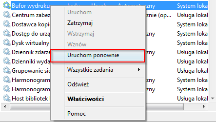 Resetowanie usługi bufora wydruku