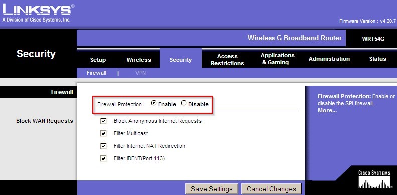Ustawienia firewalla w routerze Linksys