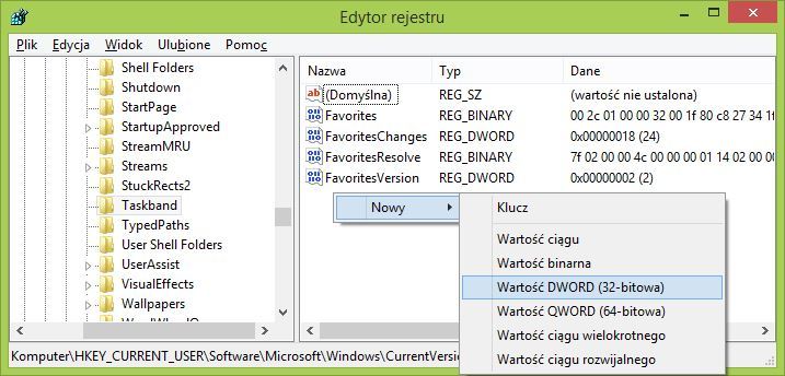 Tworzenie nowej wartości DWORD w kluczu TaskBand