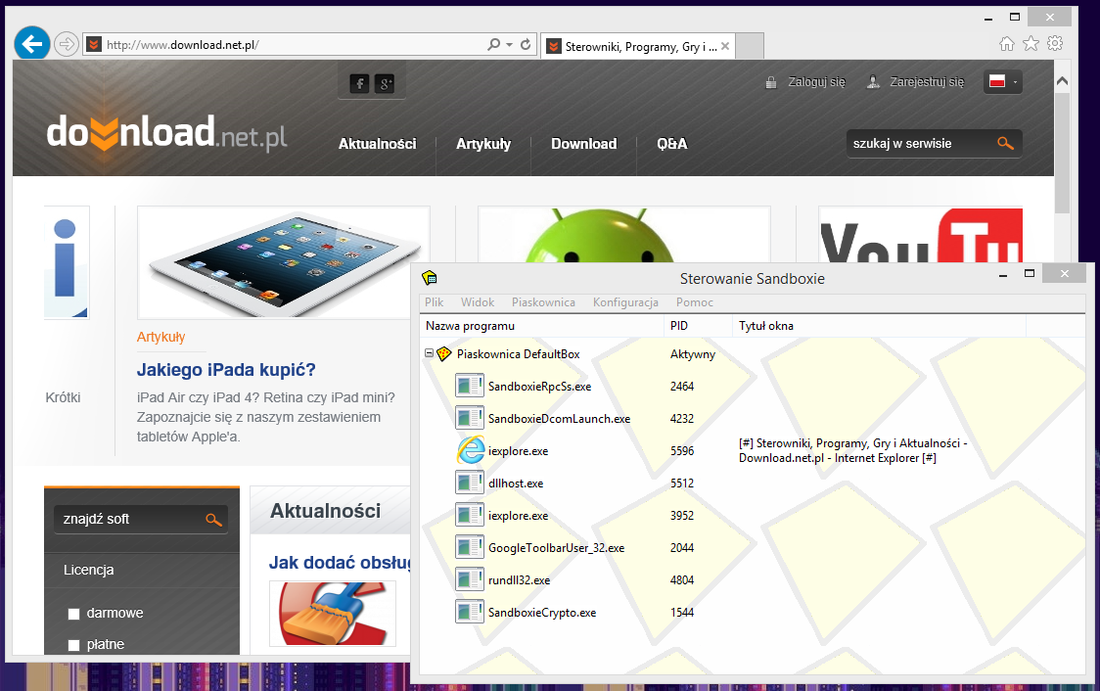 Internet Explorer uruchomiony w piaskownicy Sandboxie